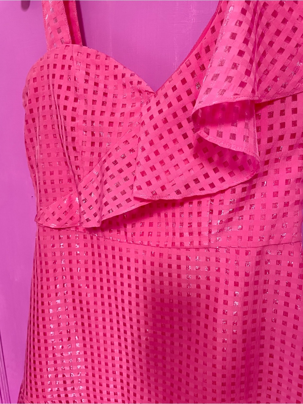 One-Shoulder Ruffle Eyelet Mini Dress in Hot Pink - Picture 2 of 4